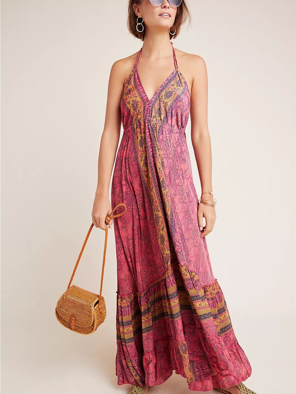 RAGA Anthropologie Yareli Passion struck Boho Halter Maxi Dress in pink paisley